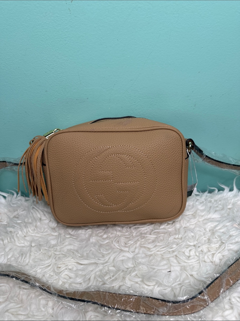 Like Gucci Pebbled Leather Crossbody Bag in Tan,not authentic